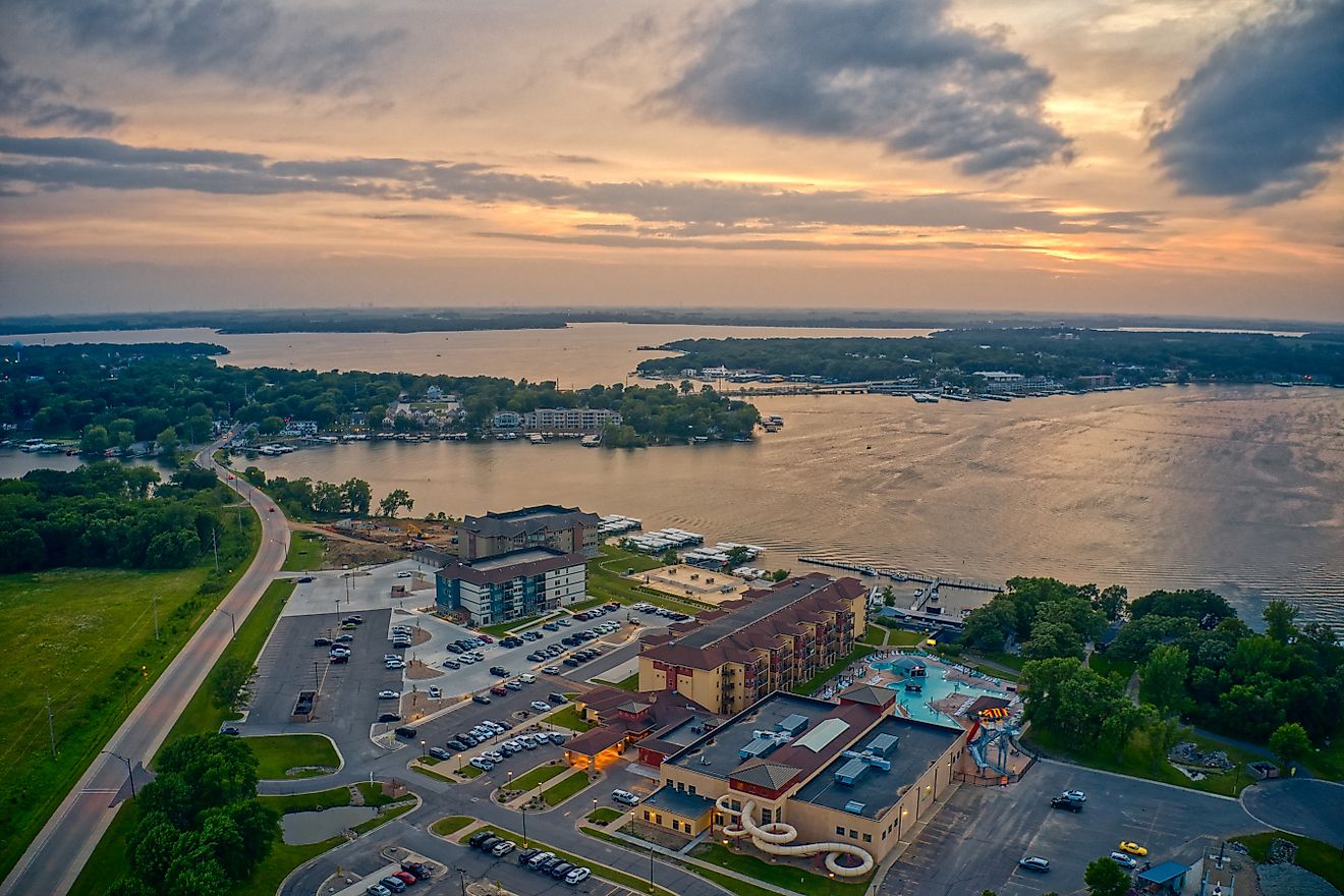 Aerial view of Lake Okoboji at sunset in northern Iowa