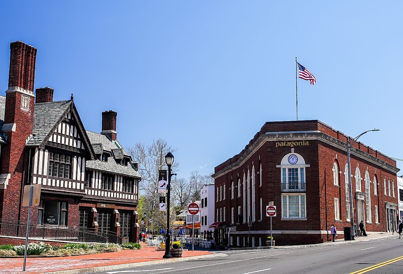 Church Lane in beautiful spring day with Patagonia store and Anthropologie store in Westport, Connecticut. Image credit Miro Vrlik Photography via Shutterstock