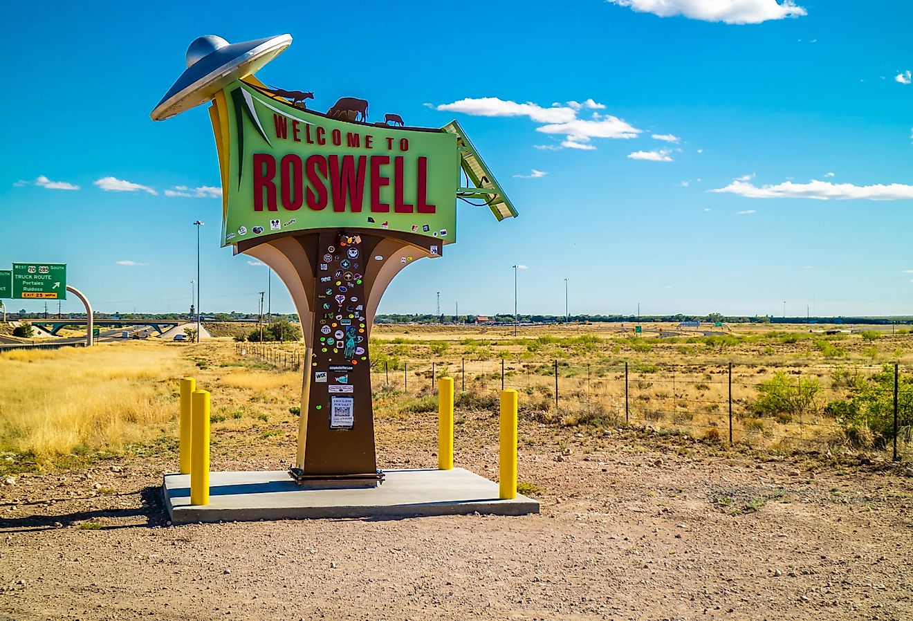 A welcoming signboard at the entry point of the town in Roswell, New Mexico. Image credit Cheri Alguire via Shutterstock