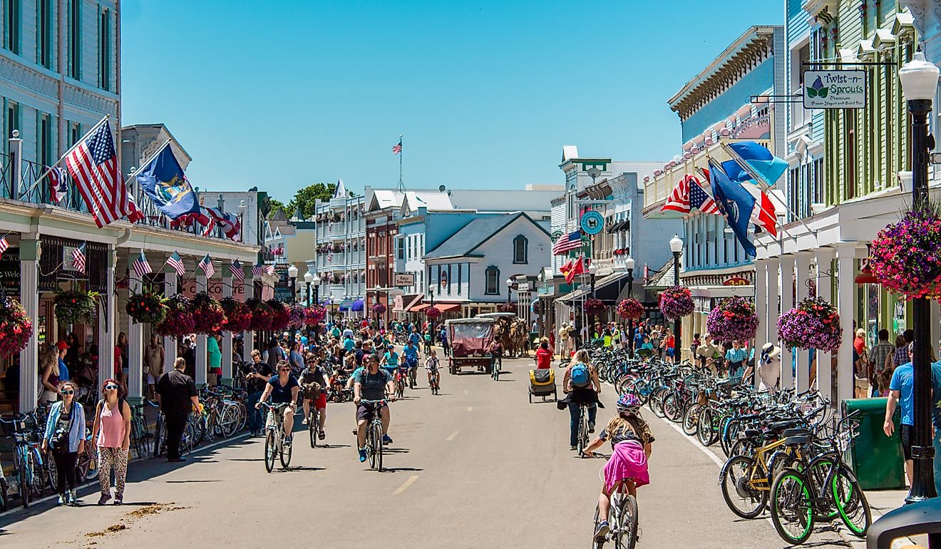 The lively downtown area of Mackinac Island, Michigan. Image credit Michael Deemer via Shutterstock