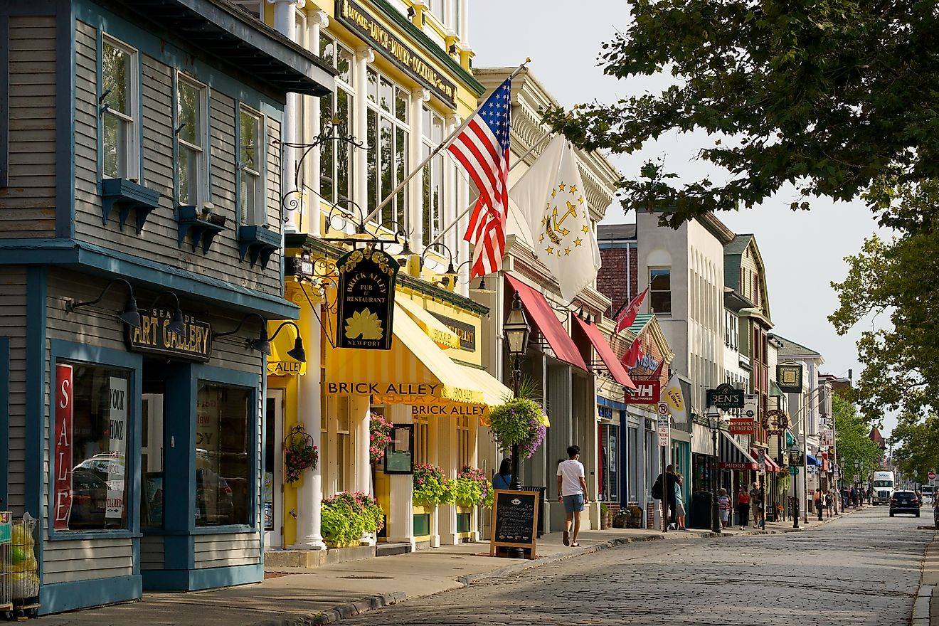Historic seaside city of Newport, Rhode Island, US, featuring iconic architecture, whimsical signs, and colorful displays of nature. Editorial credit: George Wirt / Shutterstock.com