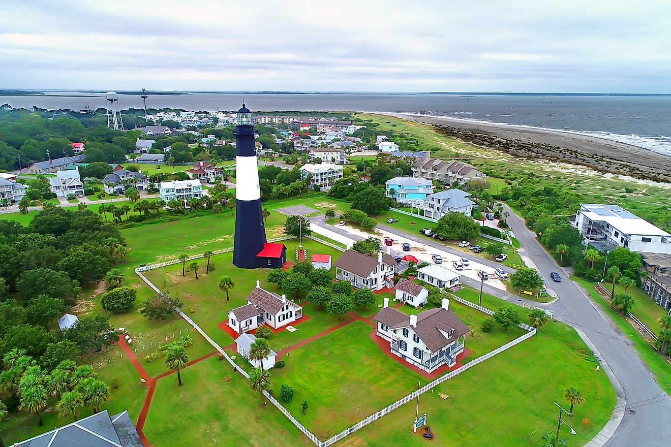 Aerial view of the lighthouse in Tybee Island, Georgia. Editorial credit: Dennis MacDonald / Shutterstock.com.