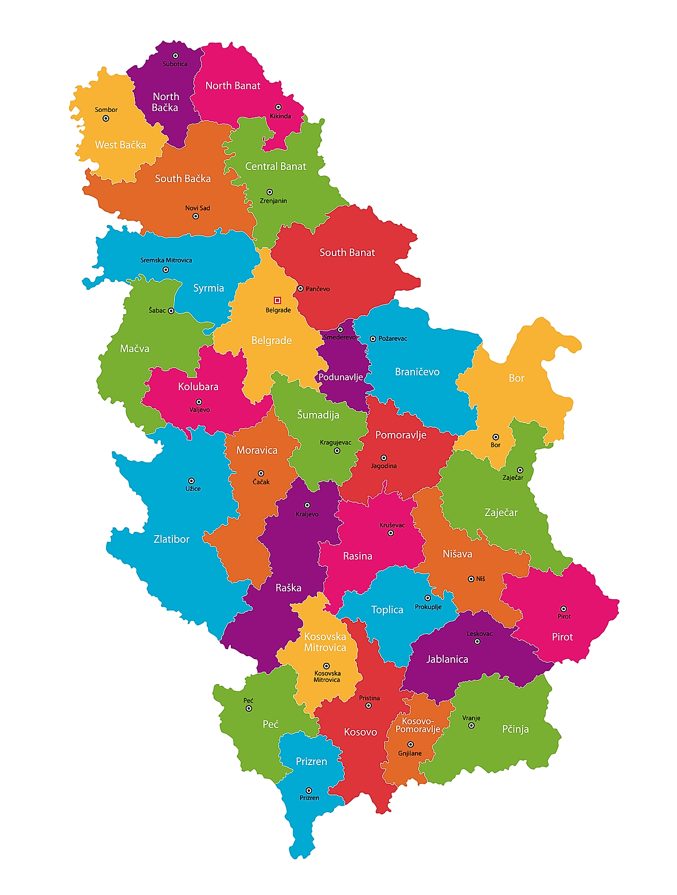 Mapa político de Serbia que muestra sus 29 distritos, 145 municipios y 29 ciudades y la ciudad capital de Belgrado