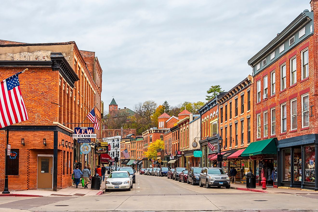 People walking down the sidewalks on historical Main Street in Galena, Illinois. Image credit Nejdet Duzen via Shutterstock