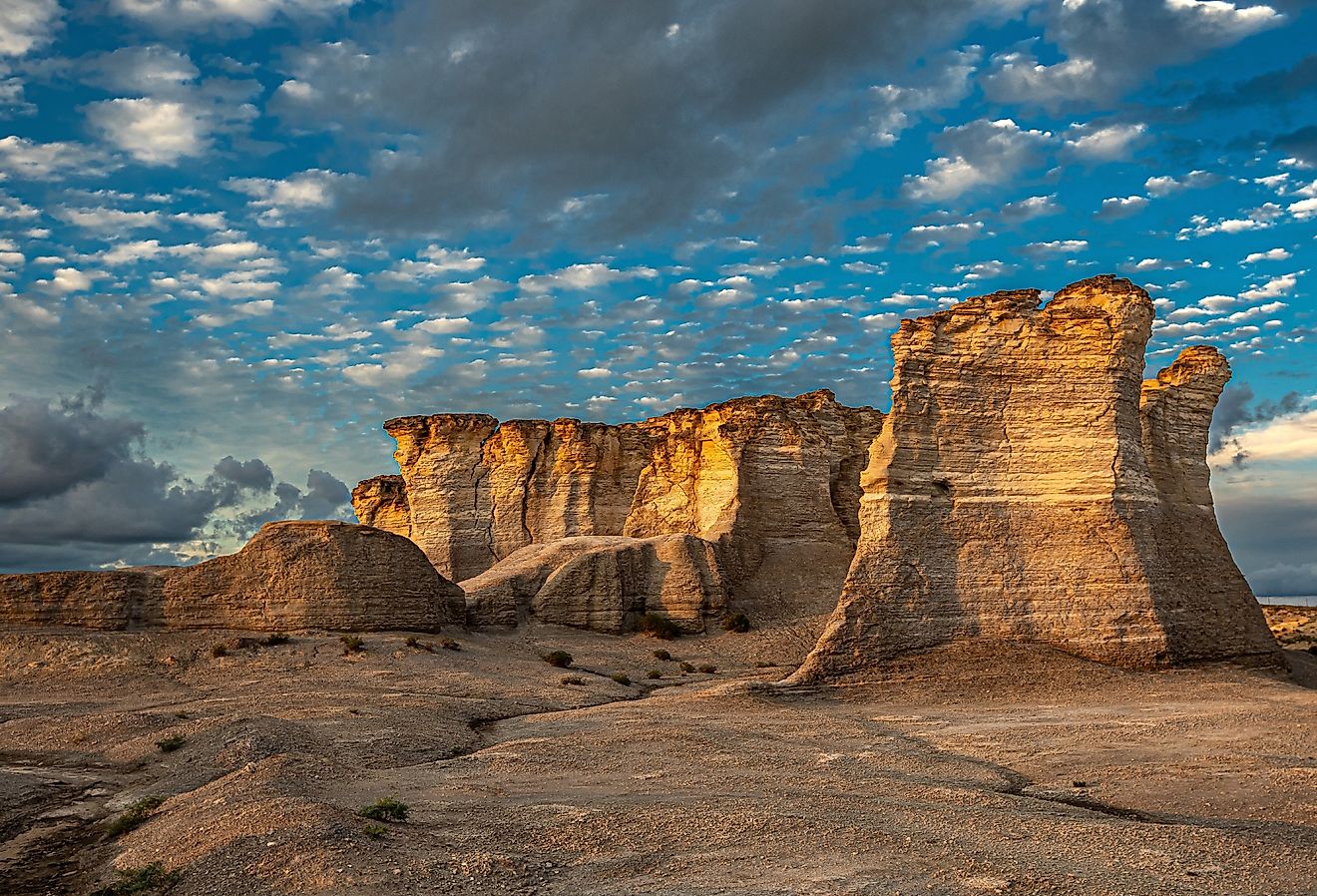 Golden hour at Monument Rocks in Kansas.