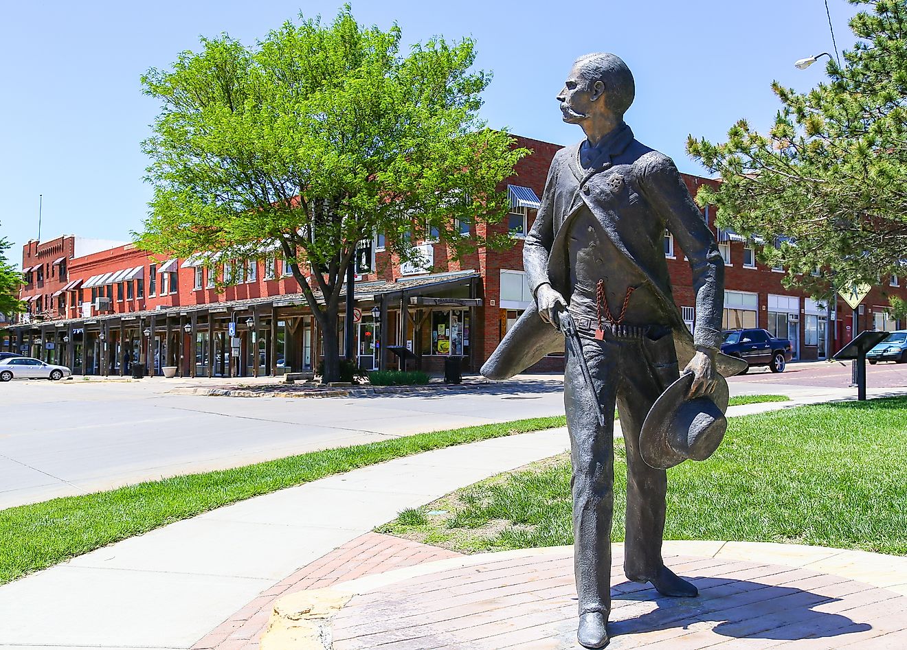 Bronze sculpture of Wyatt Earp, part of the Trail of Fame in the historic district of Dodge City, Kansas. Editorial credit: Michael Rosebrock / Shutterstock.com