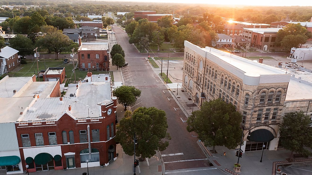 View of the historic city center of downtown Arkansas City, Kansas, USA.