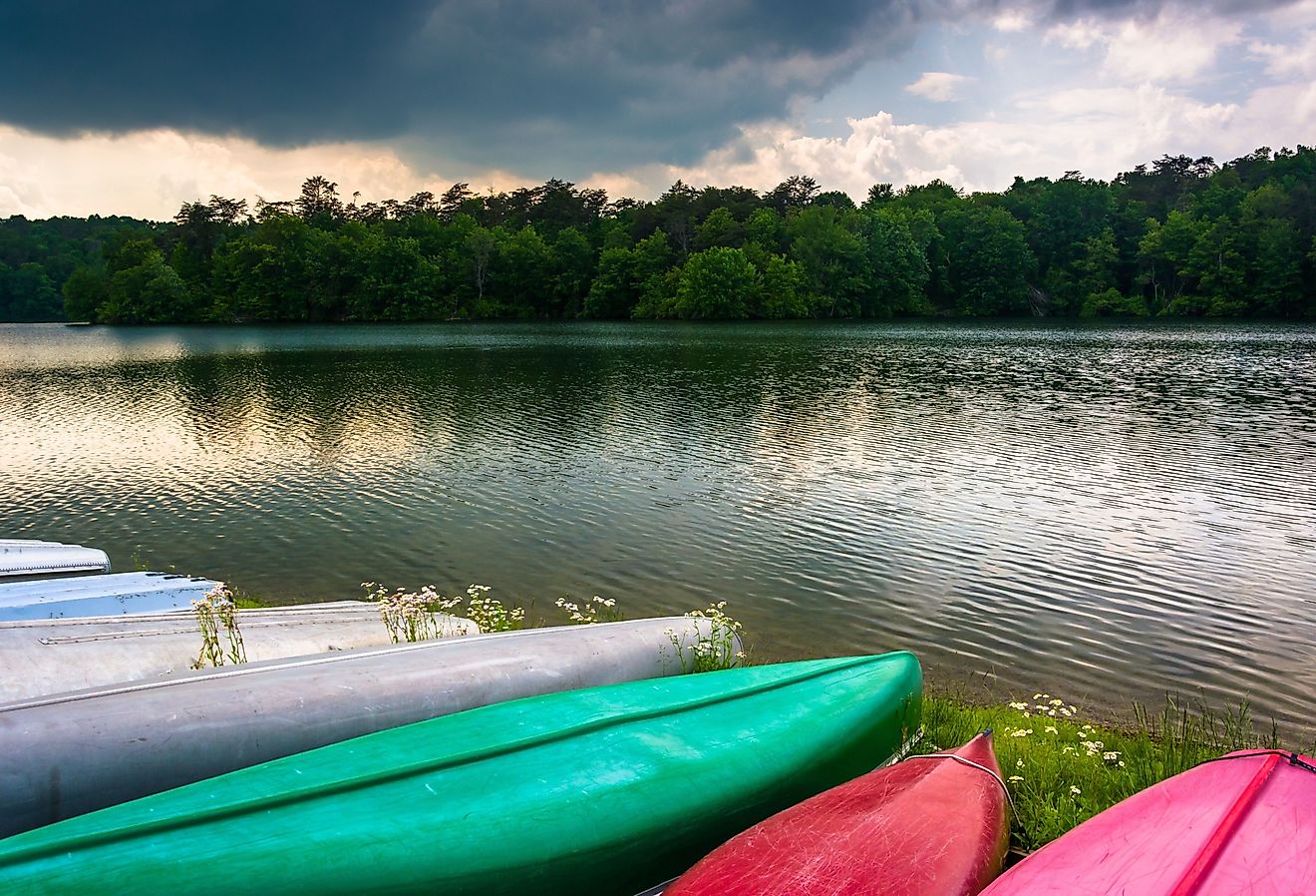 Canoes along the shore of Prettyboy Reservoir in Baltimore, Maryland.