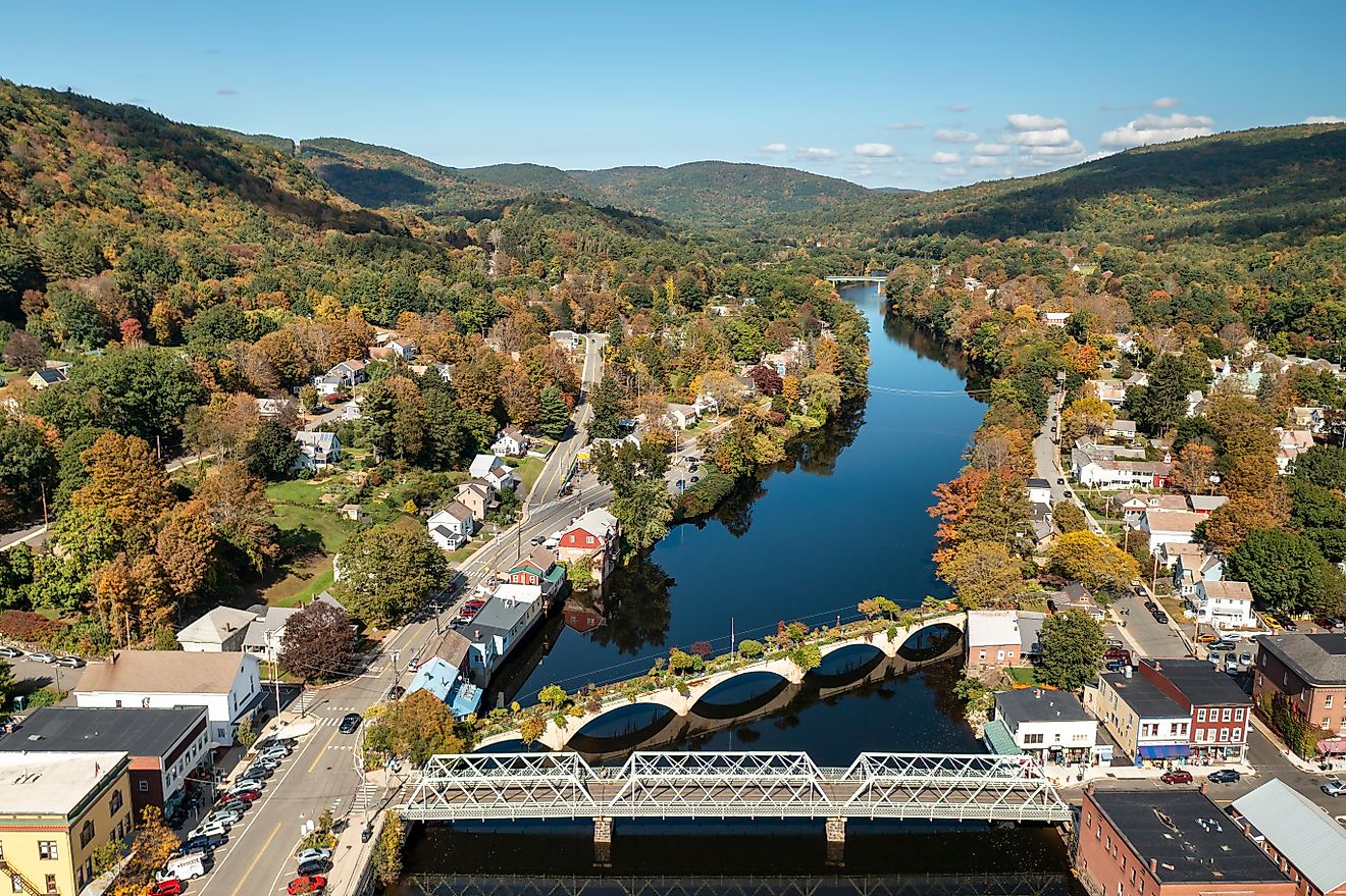 View of the picturesque town of Shelburne Falls, Massachusetts and it's scenic Bridge of Flowers.