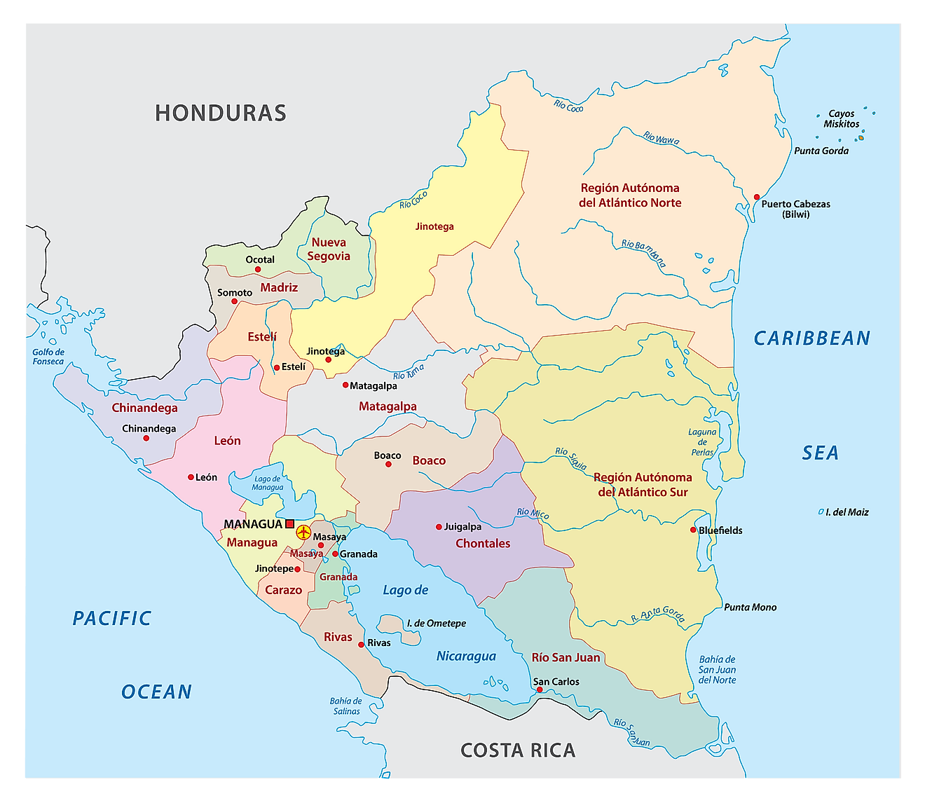 Departments Of Nicaragua Map 