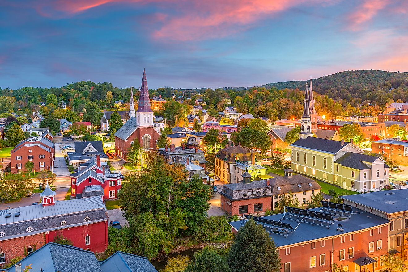 Montpelier, Vermont, USA town skyline at twilight.