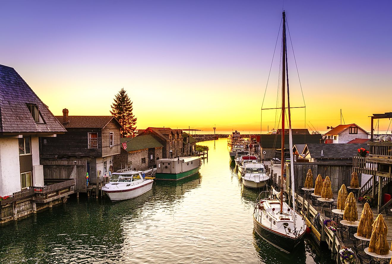 View of Fishtown in Leland, Michigan, during the sunset.