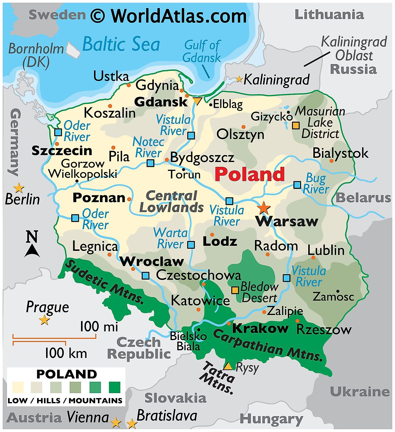 Mapa físico de Polonia que muestra el relieve, las fronteras internacionales, los ríos principales, las cadenas montañosas, los puntos extremos, las ciudades importantes, etc.