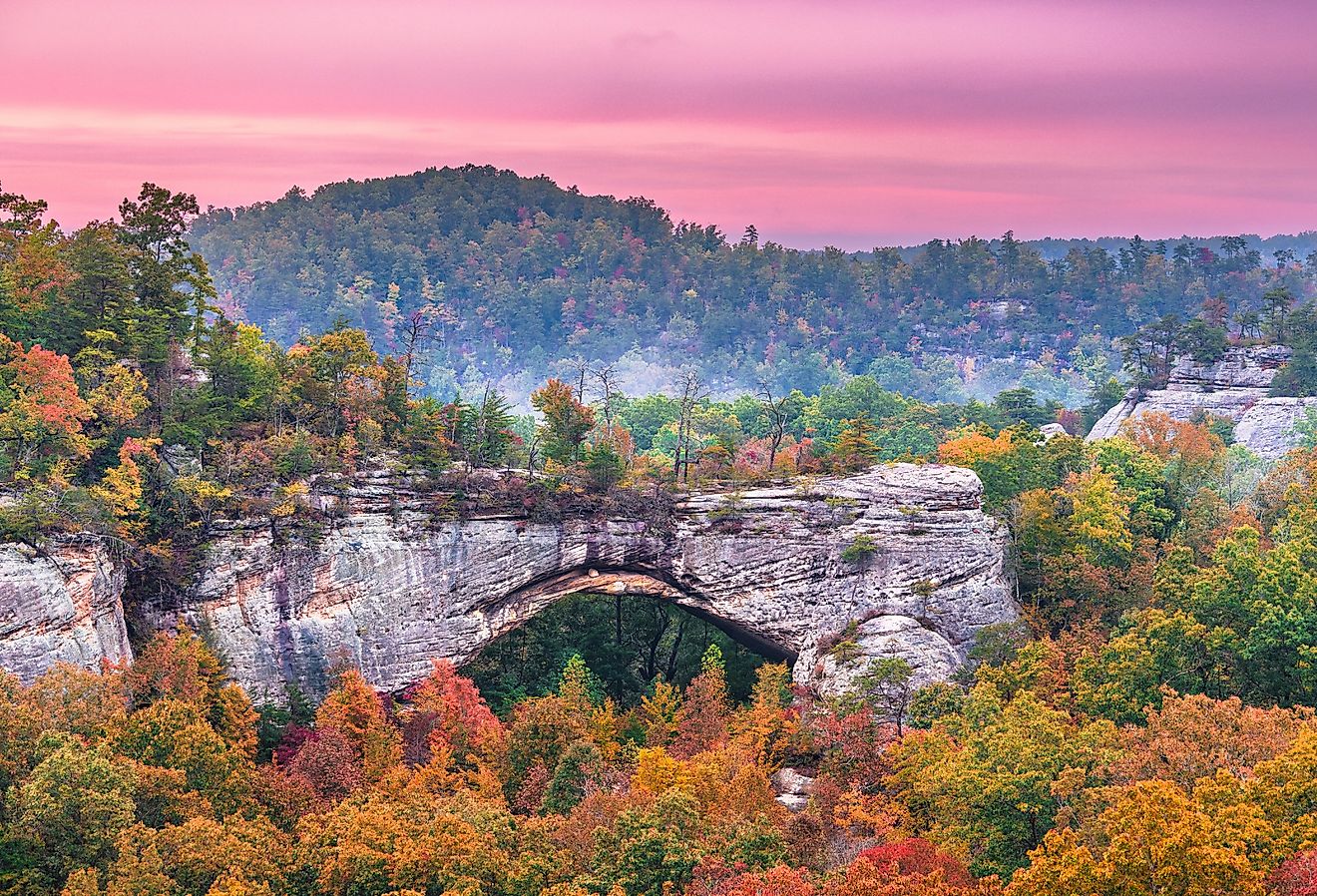 Daniel Boone National Forest, Kentucky, at the Natural Arch at dusk in autumn.