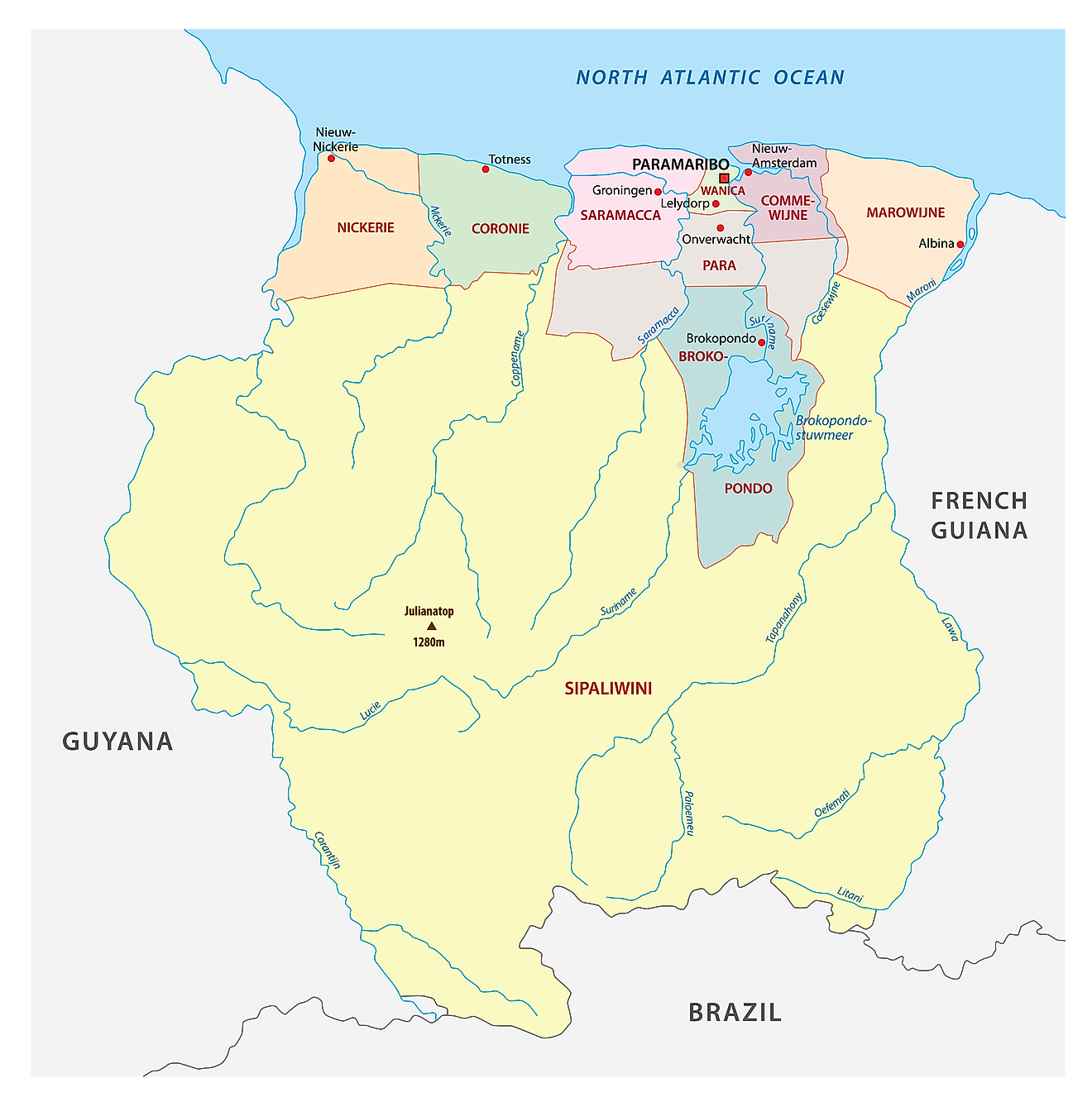 Districts Of Suriname Map 