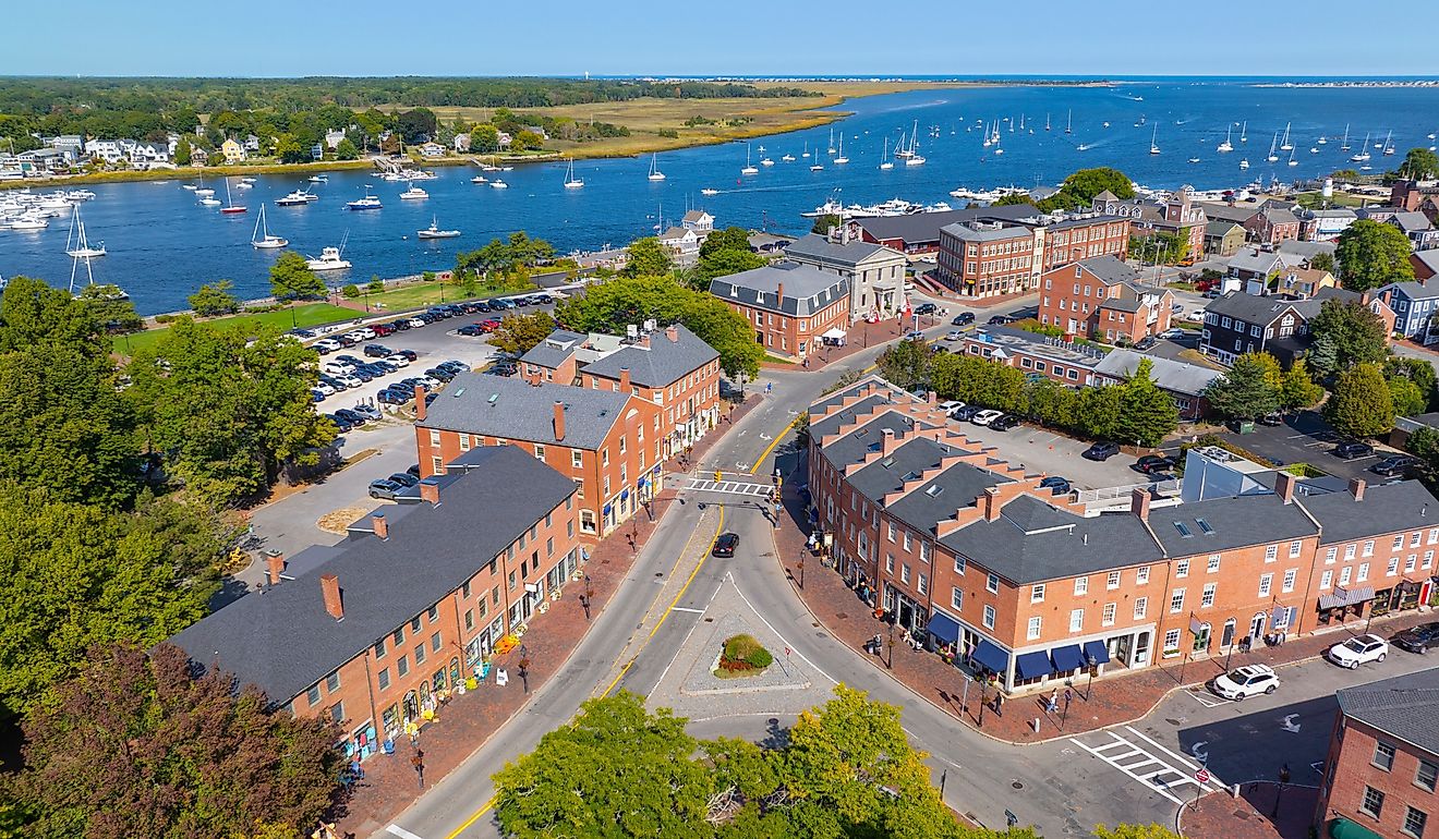 Newburyport historic downtown aerial view on State Street at Water Street, Newburyport, Massachusetts MA, USA. 