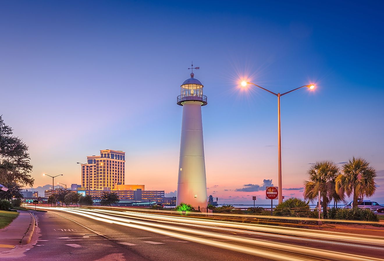 On the road in Biloxi, Mississippi, with Biloxi Lighthouse view.