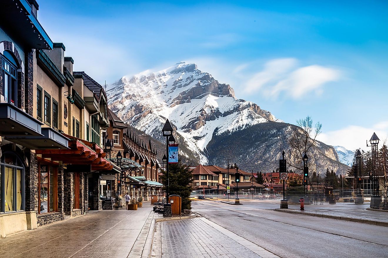 A street lined with stores in Banff, Alberta.