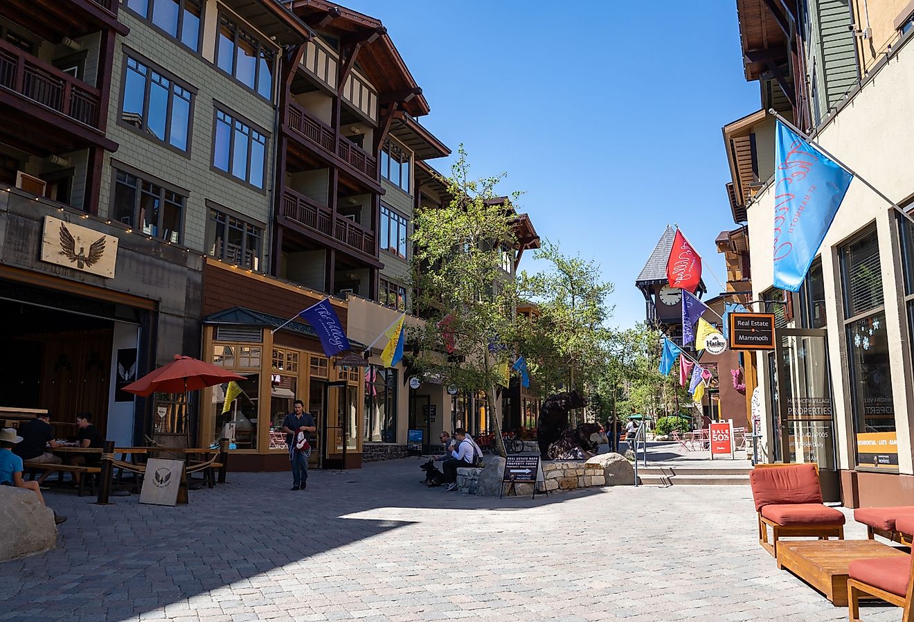 View of the Village at Mammoth Lakes, a pedestrian friendly shopping area with restaurants. Image credit melissamn via Shutterstock.