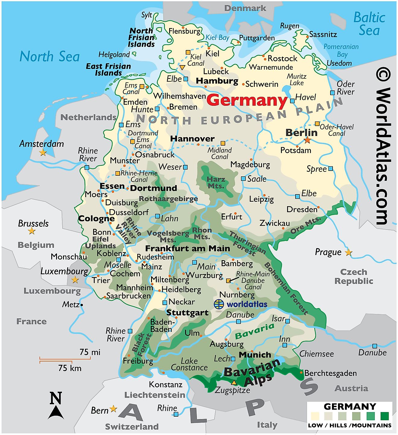 Mapa físico de Alemania que muestra el terreno, las cadenas montañosas, los puntos extremos, los principales ríos, las ciudades importantes, las fronteras internacionales, etc.