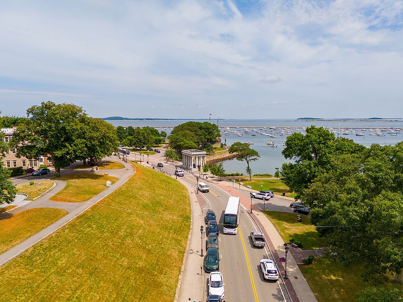 Aerial view of the coast and a road in Plymouth, Massachusetts.