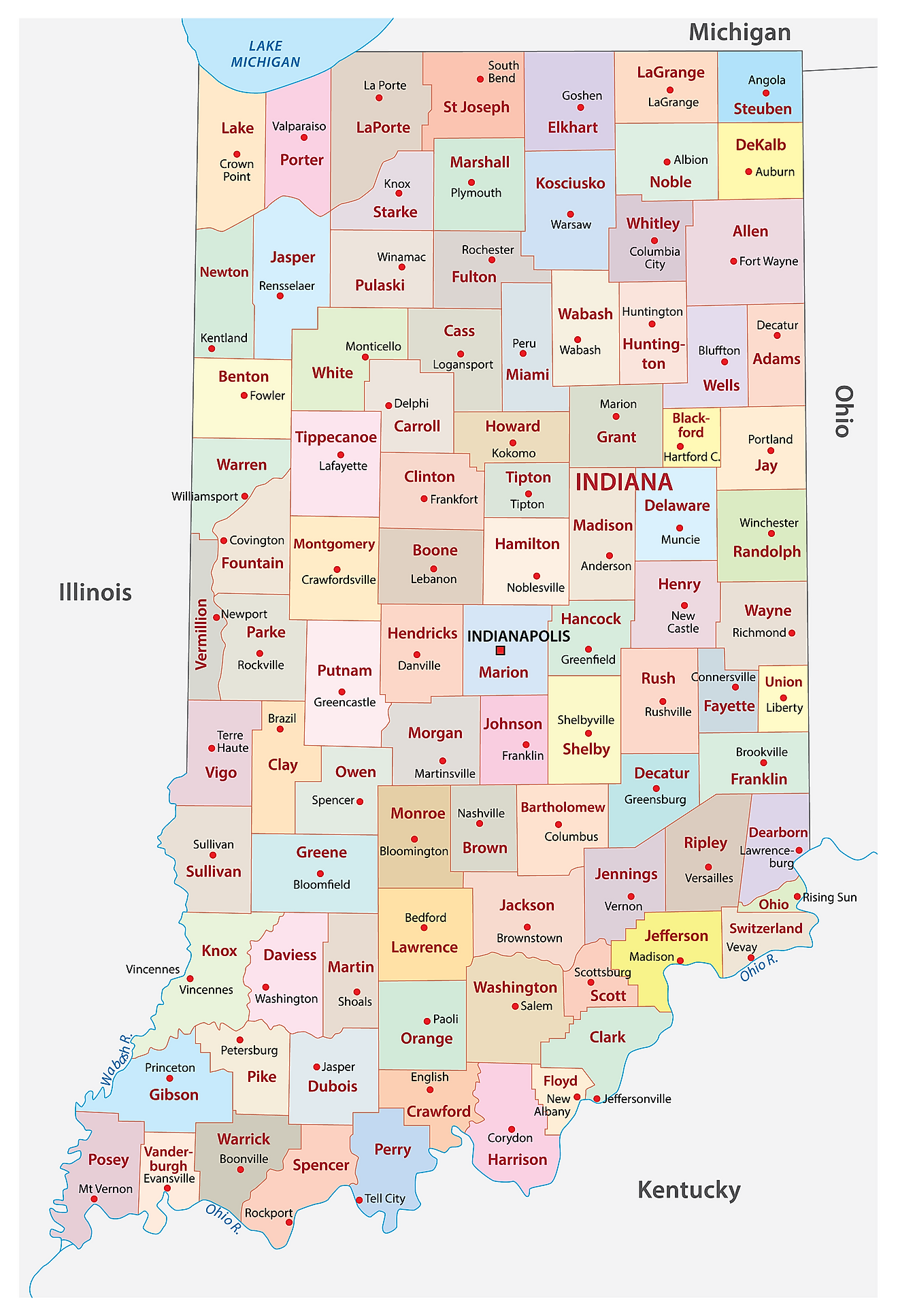 خريطة إدارية لولاية إنديانا تظهر مقاطعاتها الـ 92 والعاصمة - إنديانابوليس