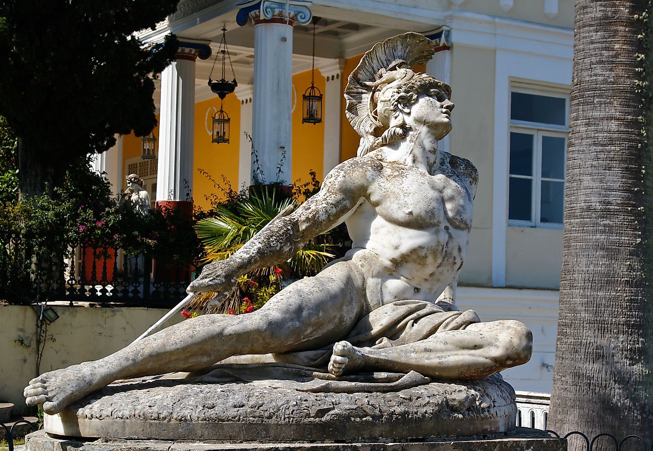 A statue of a wounded Achilles on Corfu island, Greece.