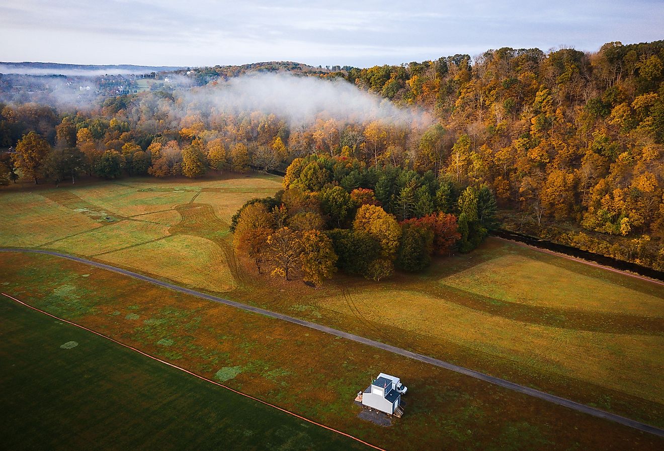 Aerial foggy sunrise in Frenchtown, New Jersey, in the fall.