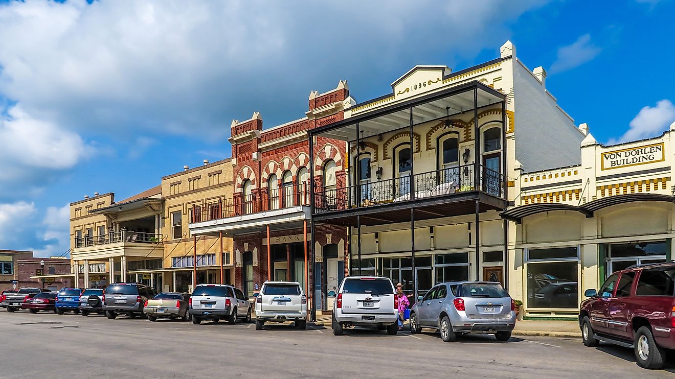 Typical Texas buildings on the town square in Goliad, Texas. Editorial credit: Philip Arno Photography / Shutterstock.com