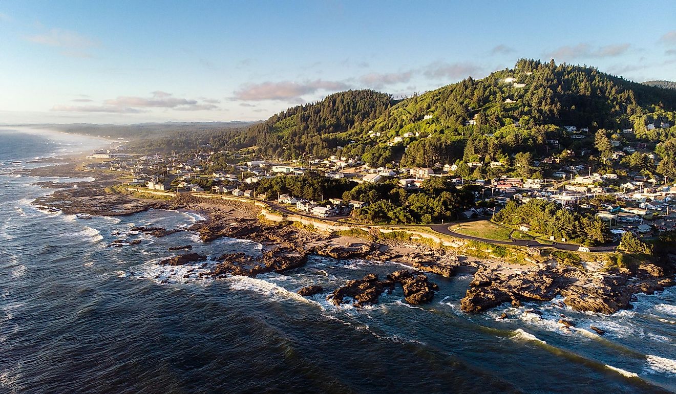 The town of Yachats on the rough Oregon coast in a beautiful sunset scene.