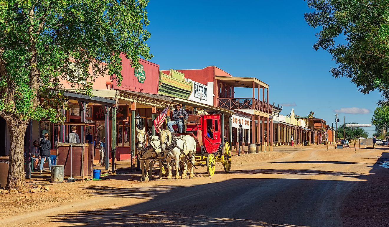 Historic Allen street with a horse drawn stagecoach in Tombstone. Editorial credit: Nick Fox / Shutterstock.com