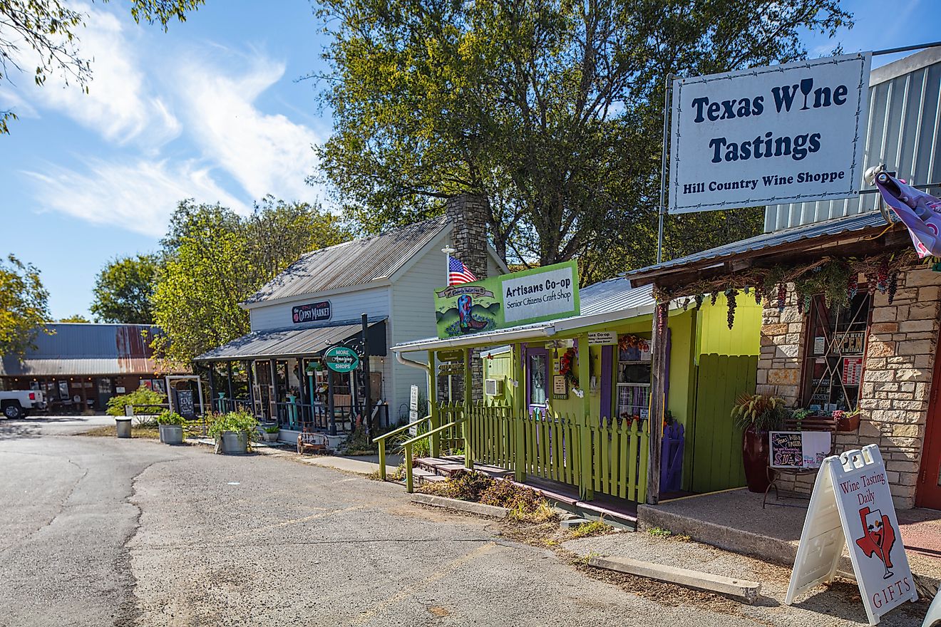 The small shops at Wimberley Square in Wimberley, Texas, offering a quaint and charming atmosphere. Editorial credit: Roberto Galan / Shutterstock.com