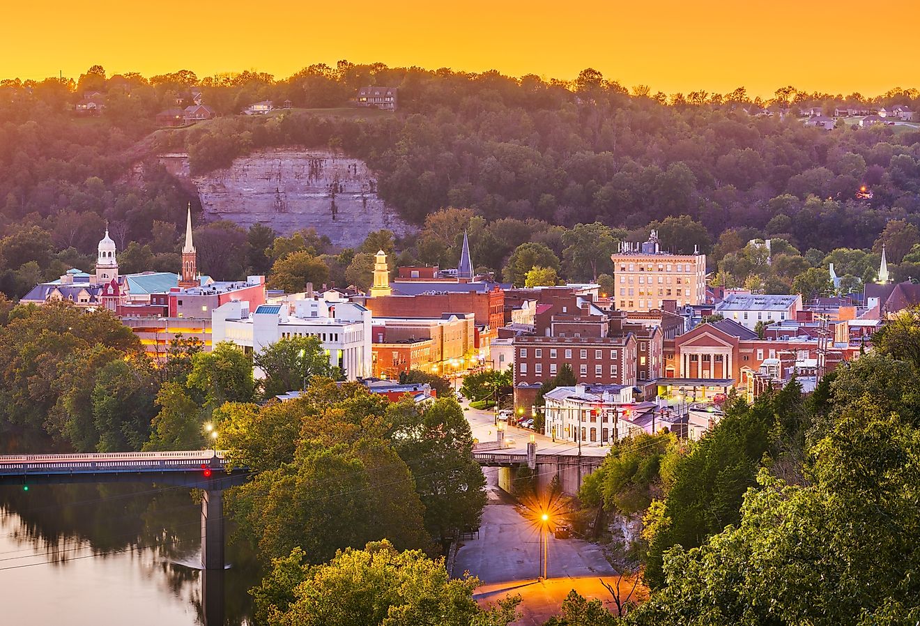 Frankfort, Kentucky, town skyline on the Kentucky River at dusk. 