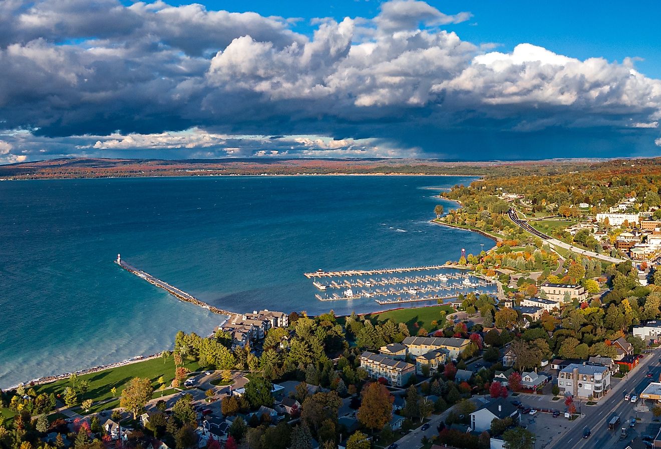 Aerial view of Petoskey, Northern Michigan, autumn evening light.