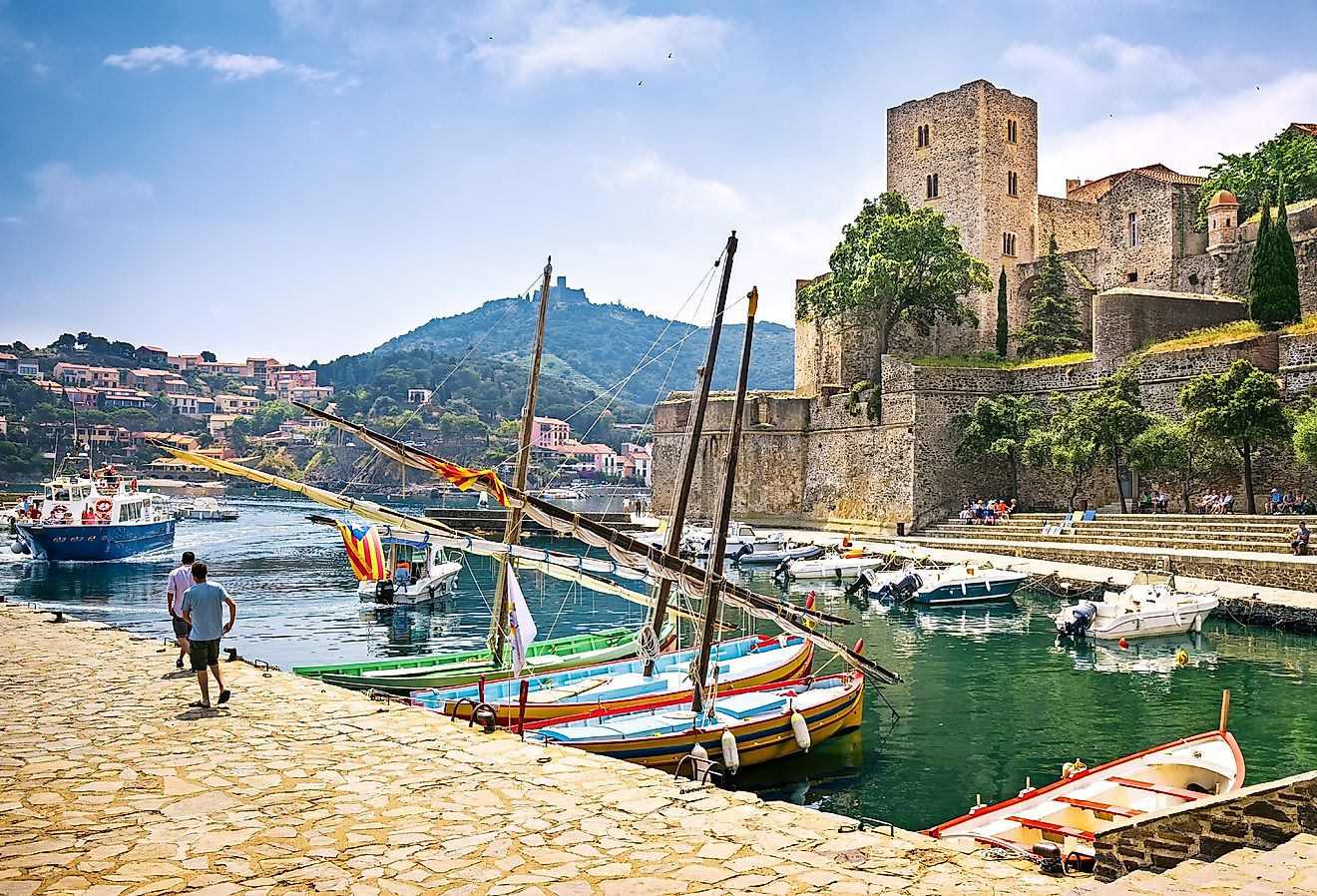 Royal Castle (The Chateau Royal de Collioure), a massive French royal castle, and the harbor in Collioure, France