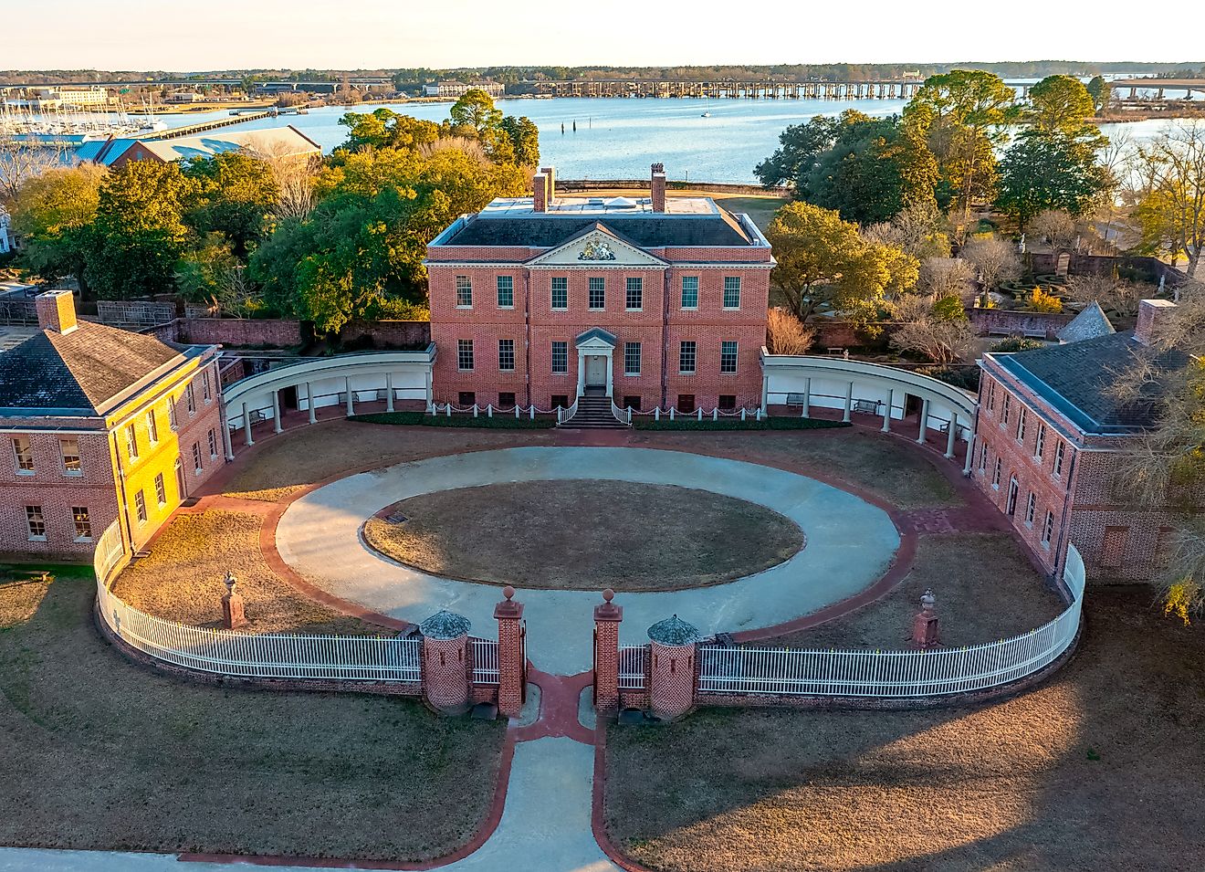  Aerial view of the Historic Governors Palace Tryon Place in New Bern, North Carolina.