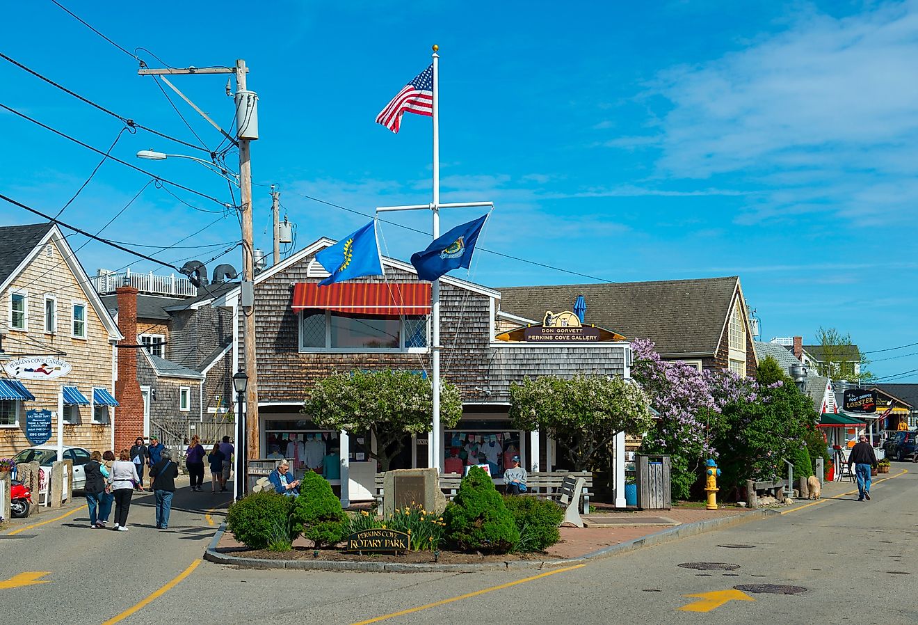 Historic buildings and shops in Perkins Cove in Ogunquit, Maine. Image credit Wangkun Jia via Shutterstock