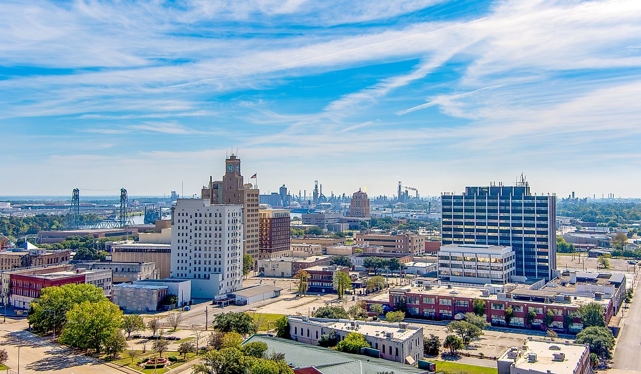 Aerial view of Beaumont Texas cityscape with modern and historic building. 