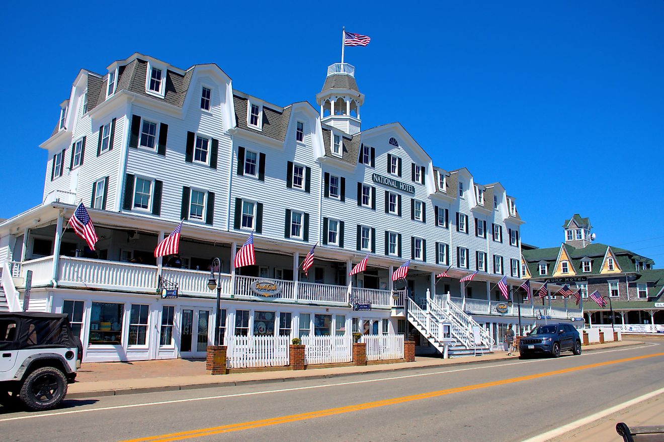 The National Hotel on Block Island in New Shoreham, Rhode Island with US flags on display. Editorial credit: Ray Geiger / Shutterstock.com