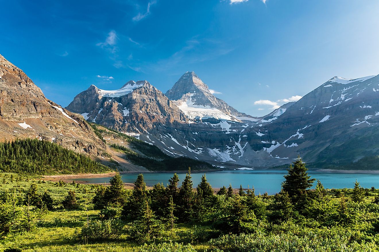 Mount Assiniboine is the pyramid-shaped peak at center, high above Lake Magog.