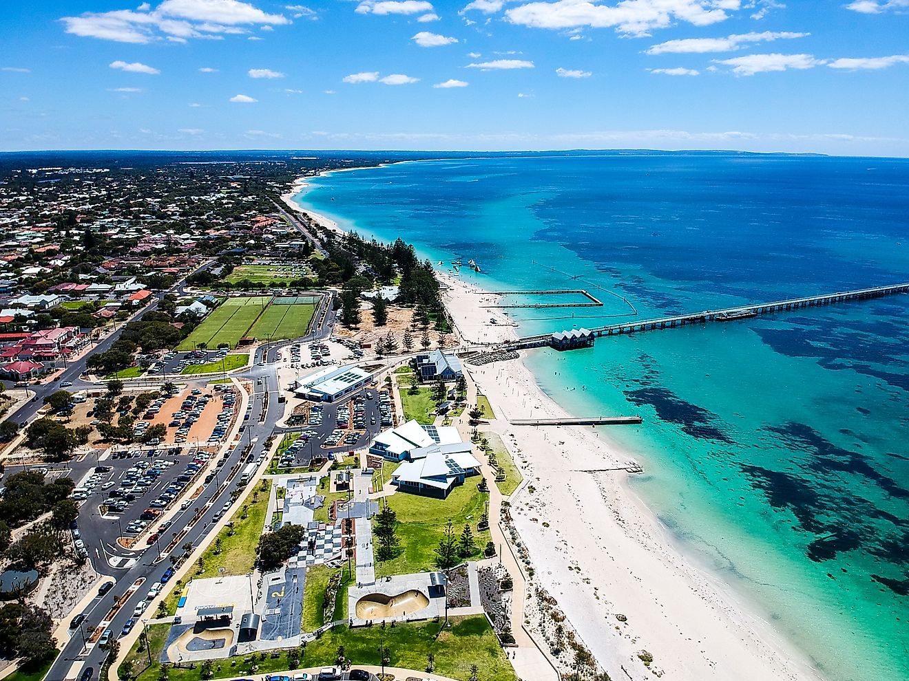 An aerial view of Busselton Jetty in Western Australia.