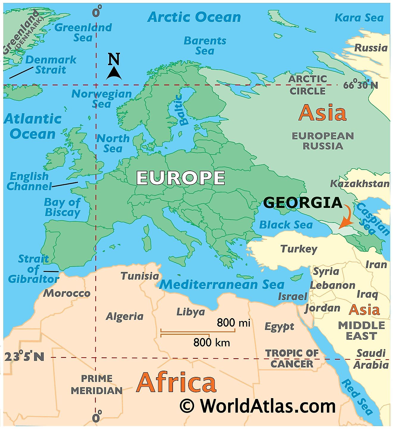 Map showing location of Georgia in the world.