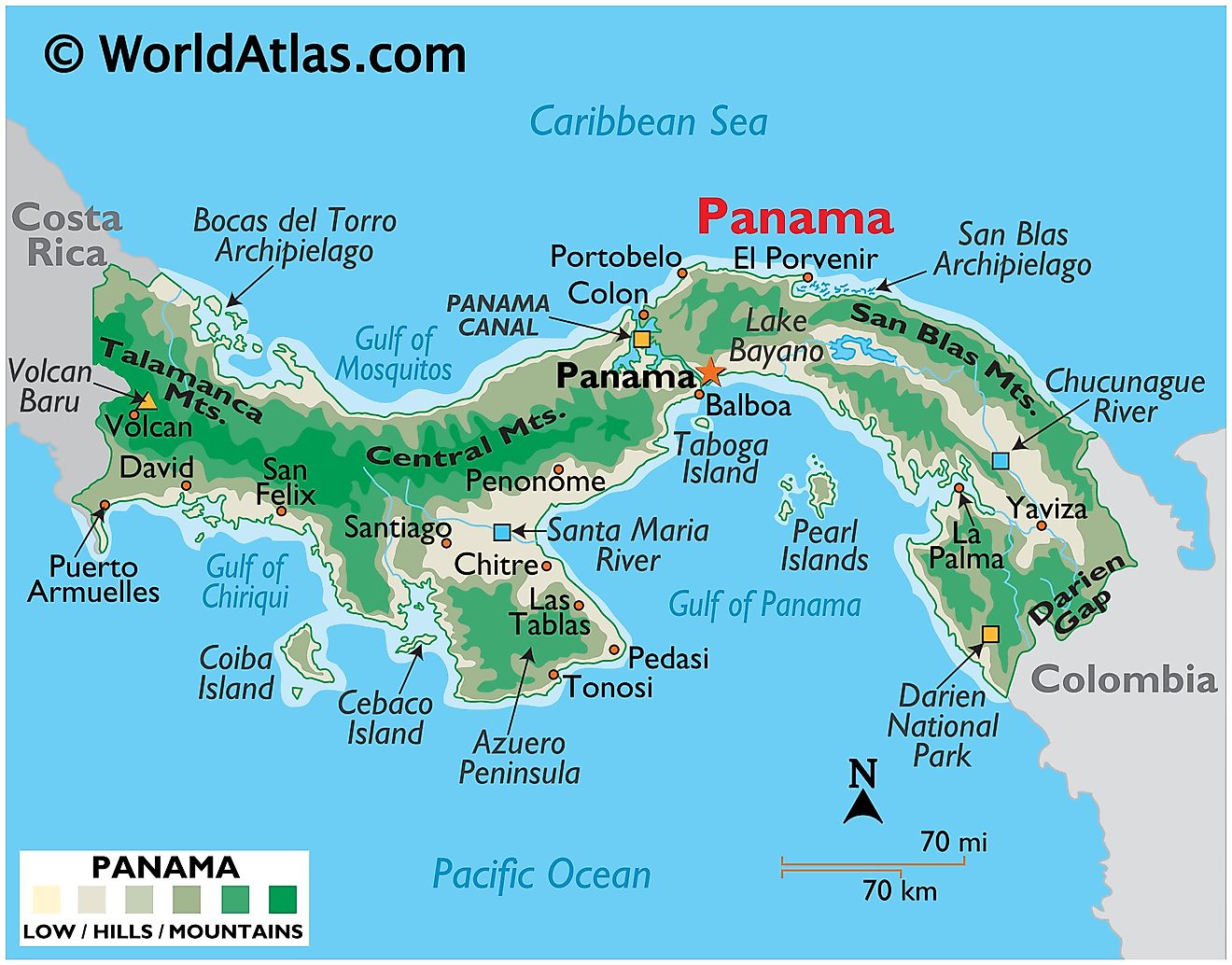 Physical Map of Panama showing terrain, major mountain ranges, extreme points, islands, rivers, lakes, major cities, international boundaries, etc.