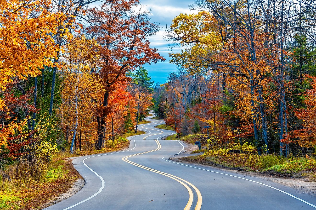 Winding road through vibrant autumn foliage in Door County, Wisconsin.
