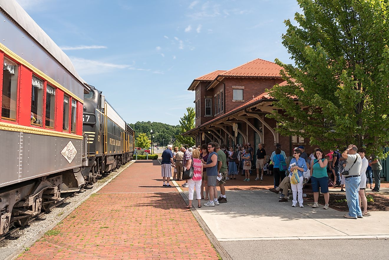 Tourists ready to board the Tygart Flyer in Elkins, West Virginia. Image credit Steve Heap via Shutterstock