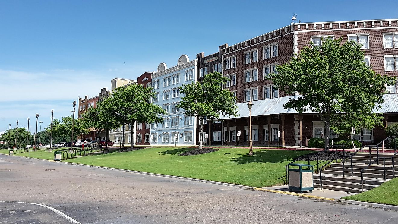 Facade of old buildings in Tunica, Mississippi.