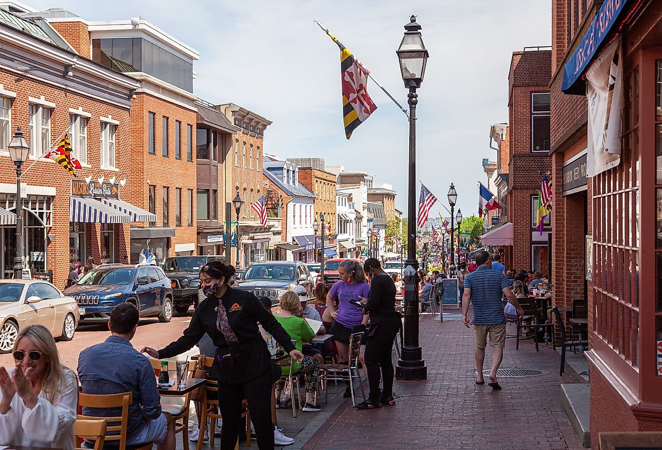Street view of Annapolis, Maryland with people walking in the historic town. Image credit grandbrothers via Shutterstock