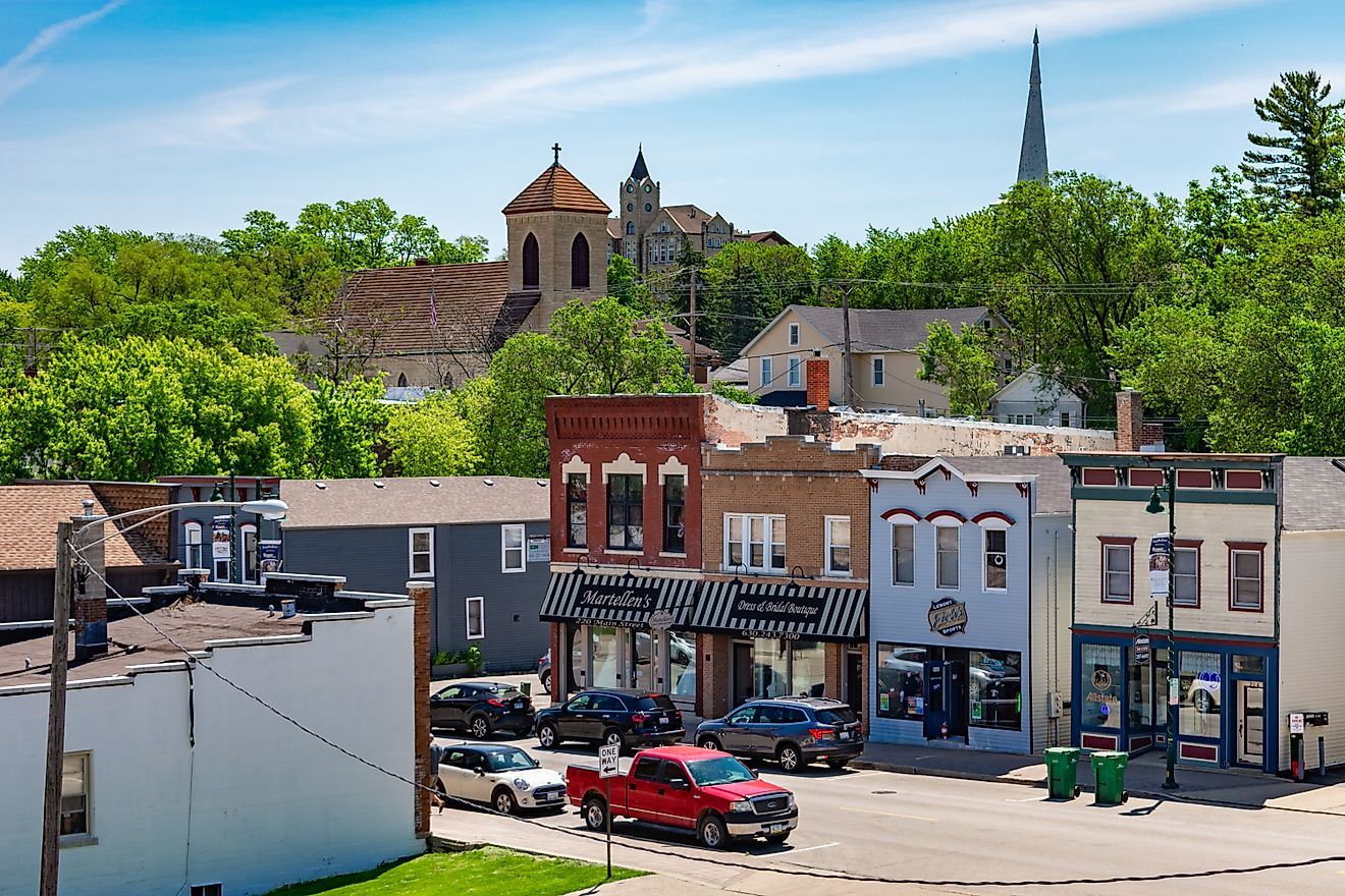 Lemont, Illinois: Old Small Town Downtown Street with Church Steeples in the distance, via James Andrews1 / Shutterstock.com