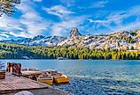 Boats sit at dock at Lake George, Mammoth Lakes, California.