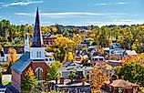 Autumn skyline of Montpelier, Vermont, USA, showcasing the town's charm and foliage.